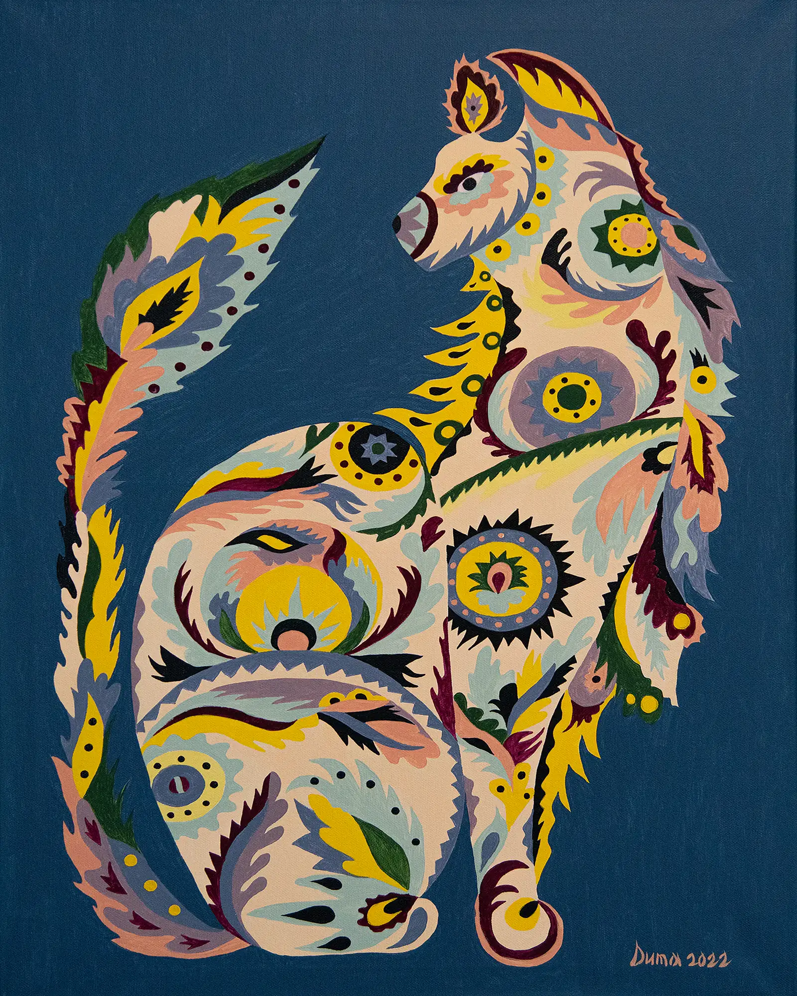 Guardian — a seated cat composed of Petrykivka floral motifs on a deep blue ground