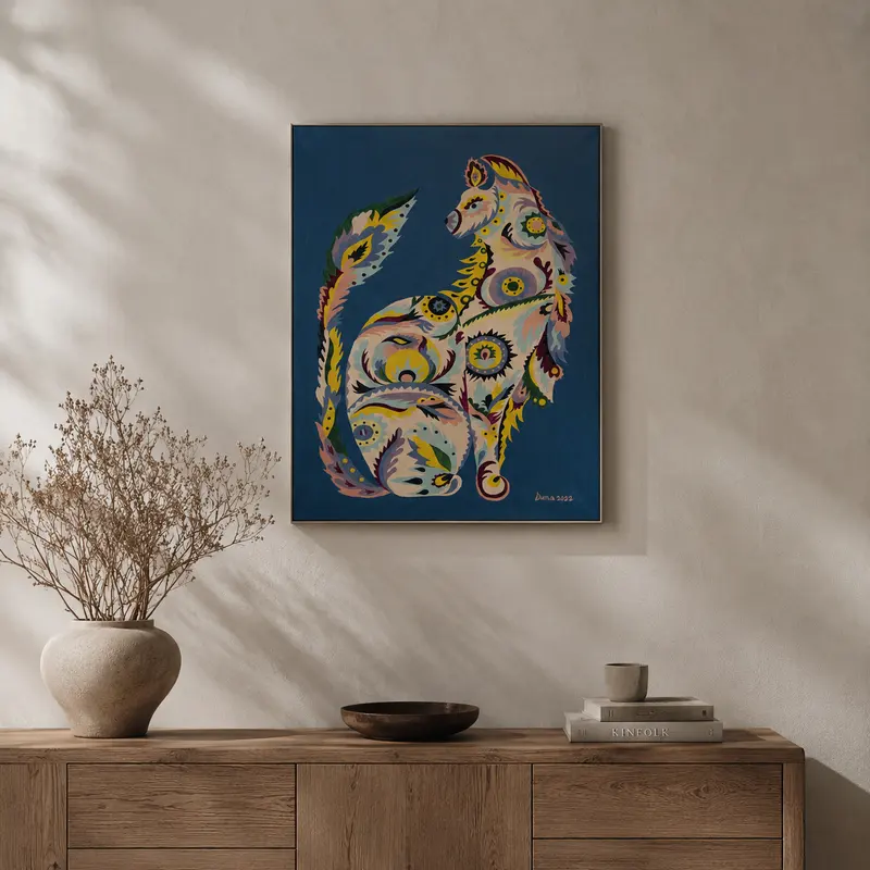 The piece hanging above a wooden sideboard