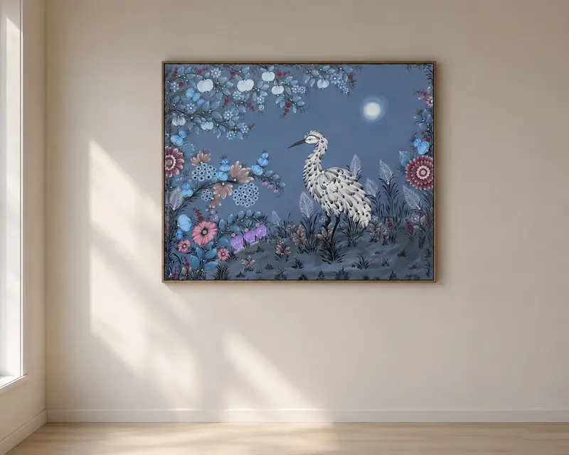 Moon Garden — a white heron among moonlit flowers on blue, framed on a plain wall